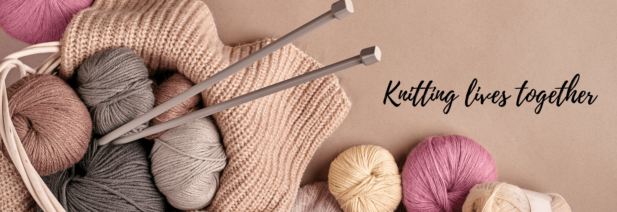 Knitting needles and wool - text reads Knitting Lives Together