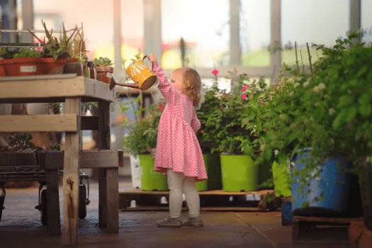 Little girl watering flowers with a watering can